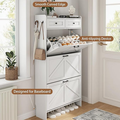 Shoe Cabinet with 3 Flip Drawers & 2 Top Drawers, 57" Tall Freestanding Narrow Wooden Shoe Storage Organizer for Entryway, Hidden Slim Shoe Rack for Front Door Entrance, Hallway, Living Room, White