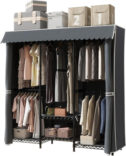 Heavy Duty Covered Clothes Rack Portable Closet Rack, Black Metal Clothing Rack with Grey Upgarded Polyester Cover, Adjustable Custom Freestanding Closet Wardrobe, Max Load 800LBS