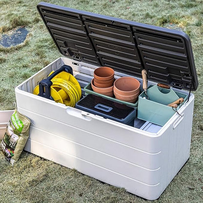 100 Gallon Plus Resin Deck Box, Waterproof Outdoor Storage Bin for Patio Furniture, Pool Accessories, and Garden Tools, Lockable & UV-Resistant, White
