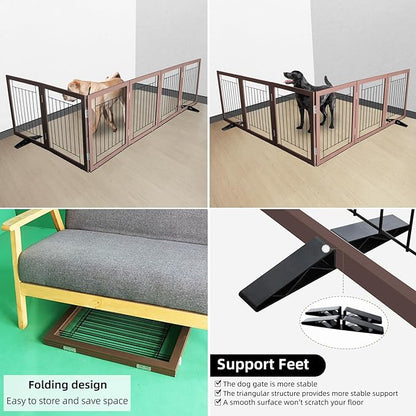 ZJSF Freestanding Dog Gate Indoor, Foldable Dog Fence for Doorways,Hallways or Stairs, Sturdy Wood Extra Wide Pet Gate with Support Feet,Brown,24 "Height-6 Panels