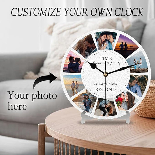 Personalized Photo Collage Wall Clock - 10 Picture Family Quote Clock, Custom Rustic Farmhouse Style for Home, Kitchen, Living Room, Silent Battery Powered, Gift for Christmas