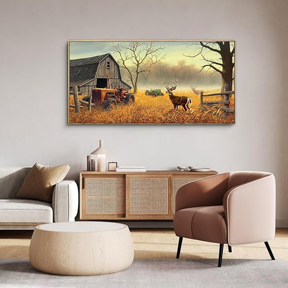XLSJERST Large Deer Wall Art for Living Room Canvas Prints Decor Decoration Country Tractor Rustic Wildlife Cabin Hunting Picture Glass Surface Artwork Ready to Hang for Bedroom Home Office 24x48