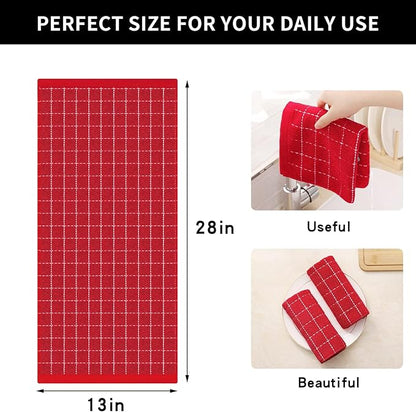 Homaxy 100% Cotton Terry Kitchen Towels(Red, 13 x 28 inches), Checkered Designed, Soft and Super Absorbent Dish Towels, 6 Pack