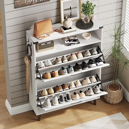 Vabches Shoe Storage Cabinet with 2 Flip Drawers,Freestanding Narrow Shoe Organizer with Open Storage,Hidden Slim Organizer Rack for Entryway,Hallway,White