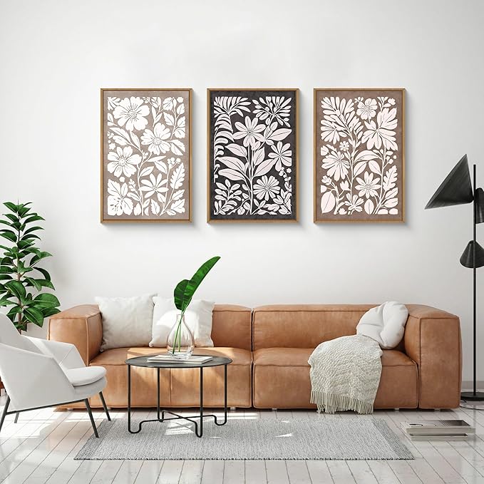 HLNIUC Black Brown Botanical Flower Wall Art Framed, Neutral Minimalist Wildflower Wall Decor set of 3 (24"x36"), Rustic Farmhouse Grey Canvas Painting, Nature Prints for Living Room, Bedroom, Office