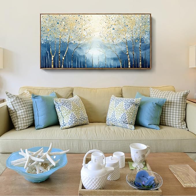amatop Large Framed Abstract Canvas Wall Art Navy Blue Art Print Modern Nature Tree of Life Artwork Birch Contemporary Landscape Picture for Office Living Room Bedroom Hallway Home Decor 48x24 Inch