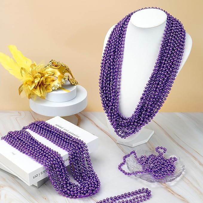 YAXINRUI 144 PCS Purple Bead Necklace, Purple Mardi Gras Beads, Halloween Beads Necklaces, 33 Inch Round Beaded Necklace Costume Necklace for Mardi Gras Christmas Halloween Party Favors