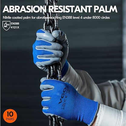 Vgo... 10-Pairs Safety Work Gloves, Gardening Gloves, Non-slip Nitrile coating, Dipping Gloves (Size M, Blue, NT2110)