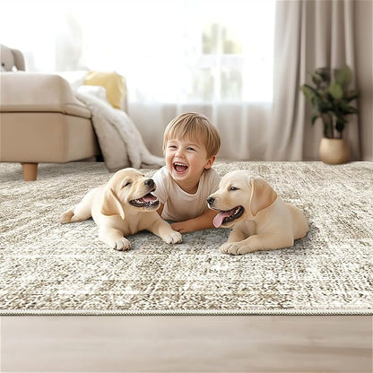3x5 Washable Area Rug for Entryway, Soft Kitchen Rugs Non Slip for Dining Room, Vintage Abstract Living Room Rug, Thin Area Rugs Indoor for Bedroom, Kids Room Decor(3'x5', Brown/Ivory)
