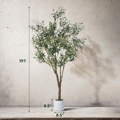 Artificial Olive Tree 7FT, Indoor Fake Silk Plant with Realistic Trunk, Leaves, Fruits and White Planter, Faux Potted Tree for Home Decor and Housewarming Gift, 1 Pack