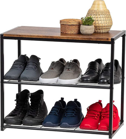 IRIS USA 3-Tier Shoe Rack, Up to 6 Pairs, Shoe Bench for Front Door Entrance, Entryway, Mudroom Bench, Shoe Organizer for Closet, Shoe Storage Shelf, Modern Wood and Metal Shoe Rack Bench