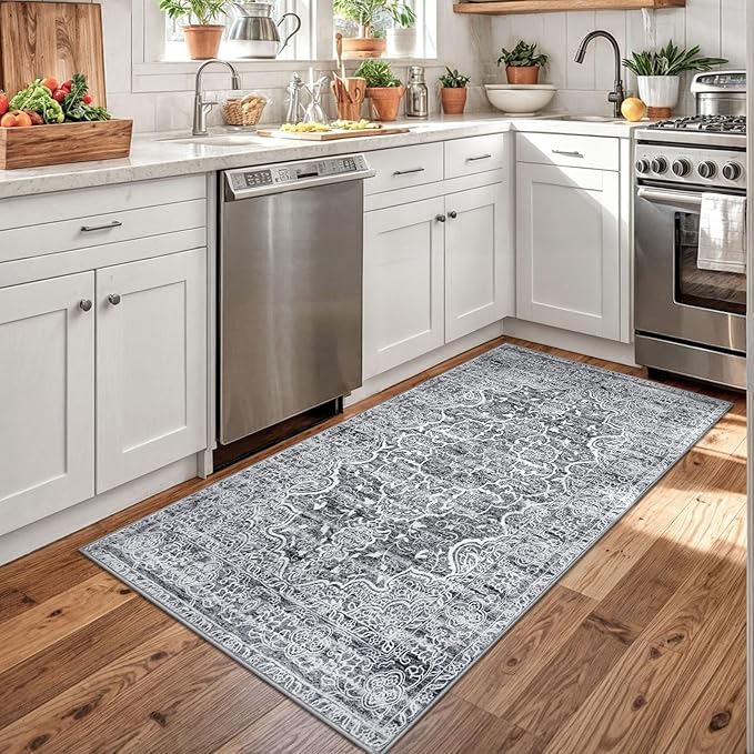 KUTA Area Rug 3x5, Vintage Floral Rugs for Living Room Grey Blue White Washable Non-Slip, Ultra Soft Printed Medallion Entry Low-Pile Throw Carpet for Entrance Bedroom Dorm Décor