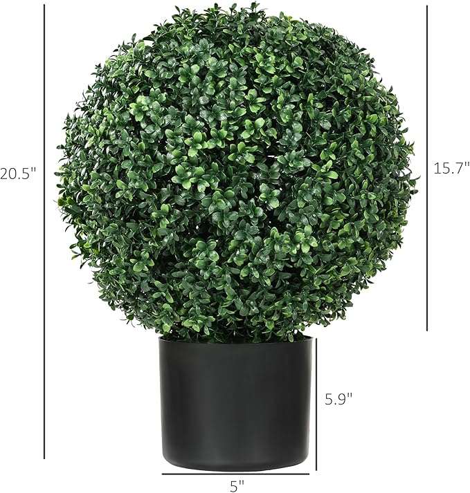 HOMCOM Set of 2 20.5" Artificial Ball Boxwood Topiary Trees with Pot, Indoor Outdoor Fake Plants for Home Office & Living Room Decor