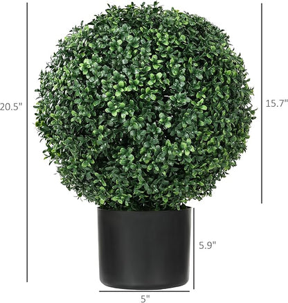 HOMCOM Set of 2 20.5" Artificial Ball Boxwood Topiary Trees with Pot, Indoor Outdoor Fake Plants for Home Office & Living Room Decor