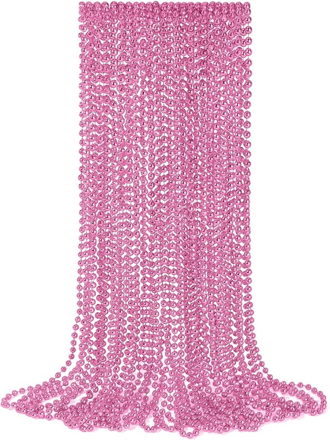 YAXINRUI 12 PCS Pink Bead Necklaces, Pink Mardi Gras Beads, Cancer Awareness Beads Necklaces, Valentine Necklace, 33 Inch Party for Mardi Gras Christmas Cancer Awareness Month Events