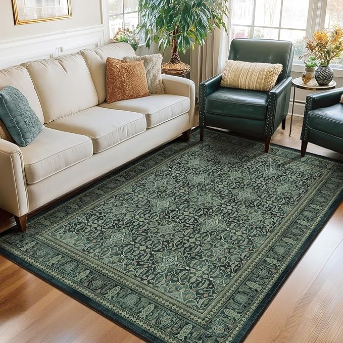 Dark Green Area Rug 5x8 for Lving Room Bedroom, Washable Non Slip Low Pile Thin Rugs for Dining Room, Vintage Boho Floral Moroccan Pattern Printed Carpet Rug for Dining Room Kitchen Office