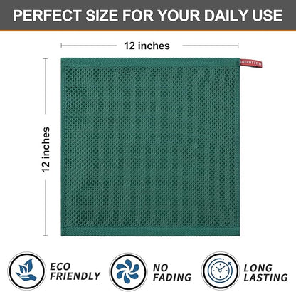 Kitinjoy 100% Cotton Kitchen Dish Cloths, 6 Pack Waffle Weave Ultra Soft Absorbent Dish Towels for Drying Dishes Quick Drying Kitchen Towels Dish Rags, 12 X 12 Inches, Dark Green