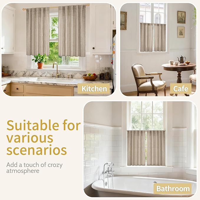 YoungsTex Dark Oatmeal Linen Curtains 40 Inch Length for Kitchen Window, Short Semi Sheer Drapes Burlap Textured Light Filtering with Rod Pocket Back Tab for Cafe Bathroom, 2 Panels, 42 X 40 Inch