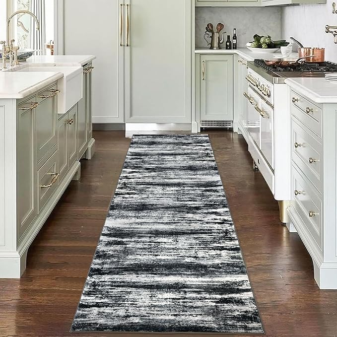 KOZYFLY Modern Abstract Hallway Runner Rug, 2.6x8 Washable Rug Runner Non-Slip Soft Striped Kitchen Runner Rugs, Black Navy Blue Grey Carpet Runner for Entryway Bathroom Laundry Room Foyer