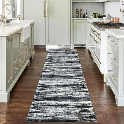 KOZYFLY Modern Abstract Hallway Runner Rug, 2.6x8 Washable Rug Runner Non-Slip Soft Striped Kitchen Runner Rugs, Black Navy Blue Grey Carpet Runner for Entryway Bathroom Laundry Room Foyer