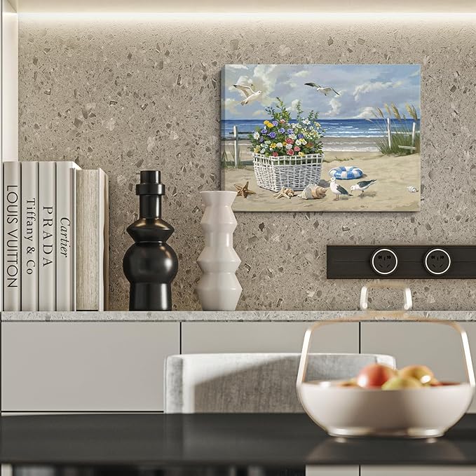 ARTZON Beach Wall Art Decor – Coastal Blue Ocean Seascape Canvas Print, Birds Seagulls Tropical Flowers Modern Landscape Picture for Bathroom or Bedroom Relaxing Summer Sea Scene Artwork 16x12 inch