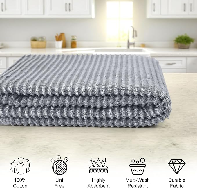 Homaxy Premium Kitchen Towels (18"x 28", 6 Pack), Large 100% Cotton Kitchen Hand Towels, Ultra Absorbent Ribbed Terry Tea Towels Set with Hanging Loop, Grey