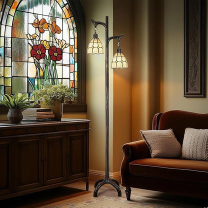 68" Tiffany Style Stained Glass Floor Lamp for Living Room,Modern Industrial Vintage Standing Floor Lamp for Bedroom,Stepless Dimmable Rustic Tree Trunk Tall Lamp for Study Room (Bulb Included)