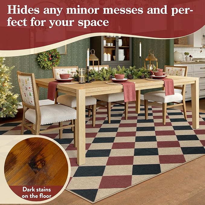 Lahome Christmas Rug, 5x7 Christmas Decor Rugs for Living Dining Room Non Shedding Washable Carpet, Checkered Black and Red Non Slip Stain Resistant Indoor Carpet for Patio Office Xmas Holiday Decor