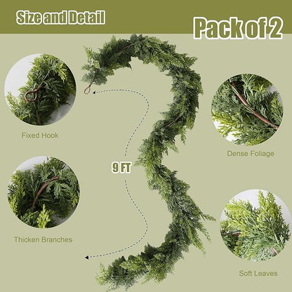 9FT Real Touch Norfolk Christmas Pine Garland Set of 2, Lifelike Artificial Bendable Greenery Garland for Front Door, Mantle, Staircase, Windowsill Indoor Outdoor Christmas Decorations
