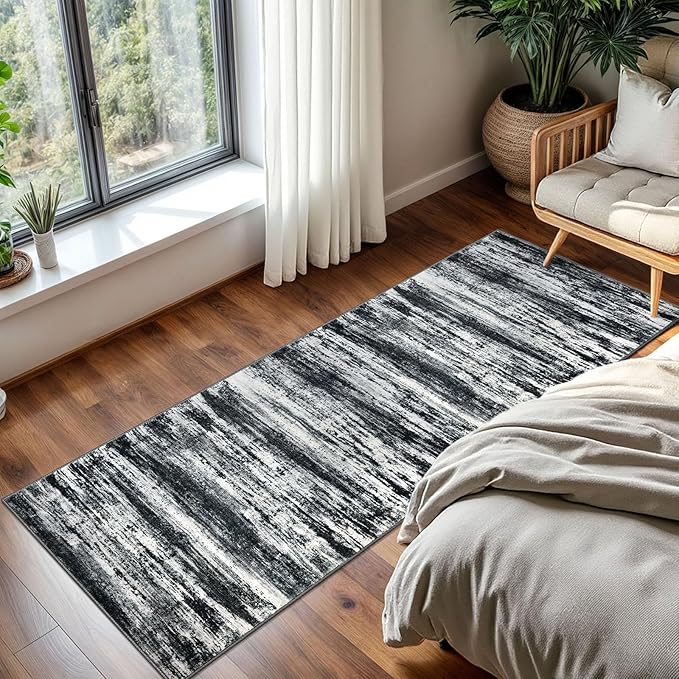 KOZYFLY Modern Abstract Kitchen Runner Rug, 2x5 Washable Rug Runner Non-Slip Soft Striped Hallway Runner Rugs, Black Navy Blue Grey Carpet Runner for Entryway Bathroom Laundry Room Foyer