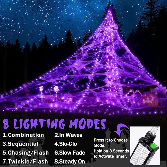 LED Spider Web Lights for Halloween Decorations Outdoor - 455 LEDs, 8 Lighting Modes, 16.4 Ft Light Up Giant Web (Purple)