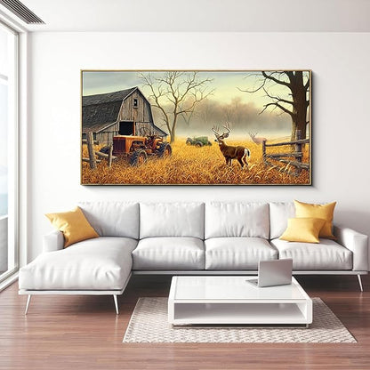 XLSJERST Extra Large Deer Wall Art for Living Room Canvas Prints Decor Decoration Country Tractor Rustic Wildlife Cabin Hunting Picture Glass Surface Artwork Ready to Hang for Bedroom Home Office