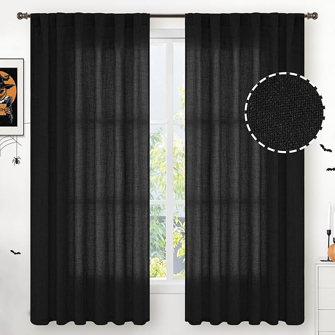 YoungsTex Black Linen Curtains 63 inch Length 2 Panels for Living Room, Light Filtering Semi Sheer Drapes with Back Tab and Rod Pocket Gothic Decorative for Bedroom, 52 X 63 Inch