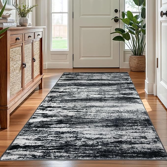 KOZYFLY Washable Area Rug 5x7 Modern Ombre Living Room Thin Rug Non-Slip Soft Striped Area Rug for Bedroom, Black Navy Blue Grey Abstract Carpet for Laundry Kid Room