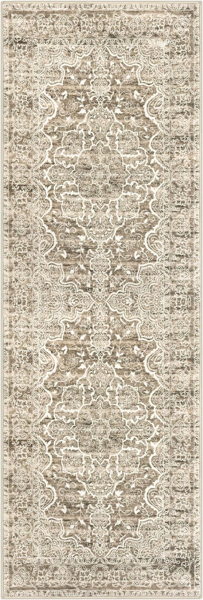 KUTA Washable Kitchen Runner 3x8, Non Skid Washable 8 ft Beige Brown Runners, Printed Vintage Distressed Floral Area Rugs Ultra Soft Carpet for Bedroom Living Room