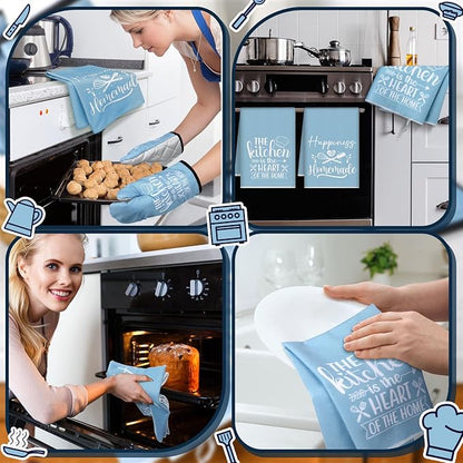Sratte 6 Pcs Kitchen Decor Accessories Set Farmhouse Towels Pot Holders Oven Mitts Set 2 Dish Towels 2 Potholders 2 Cooking Mittens Oven Glove for Christmas Baking Cooking Supply(Light Blue,Kitchen)