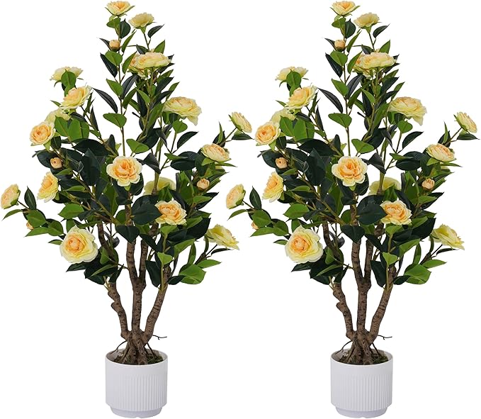 2 Pack Artificial Camellia Tree with White Pot, 38" Faux Potted Plants for Indoor Outdoor Decor, Tall Silk Greenery Plant for Home Office Living Room Balcony, Yellow