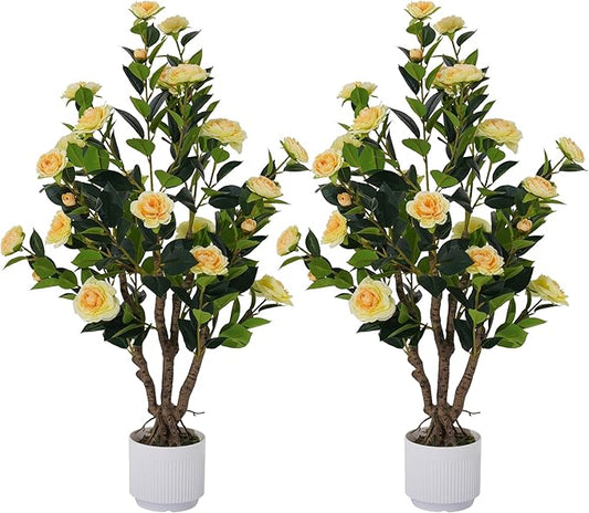 2 Pack Artificial Camellia Tree with White Pot, 38" Faux Potted Plants for Indoor Outdoor Decor, Tall Silk Greenery Plant for Home Office Living Room Balcony, Yellow