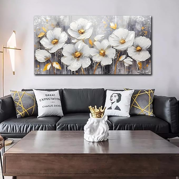 CIRABKY White Canvas Wall-Art - Flower Pictures Wall Decor - Large Wall Art for Living Room Ready to Hang Size 29" x 59"
