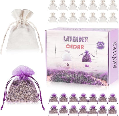 24 Pack Cedar and Lavendar Home Fragrance for Drawers and Closets - Stop Clothes Damage, Cedar Chips and Natural Dried Lavender Sachets Bags