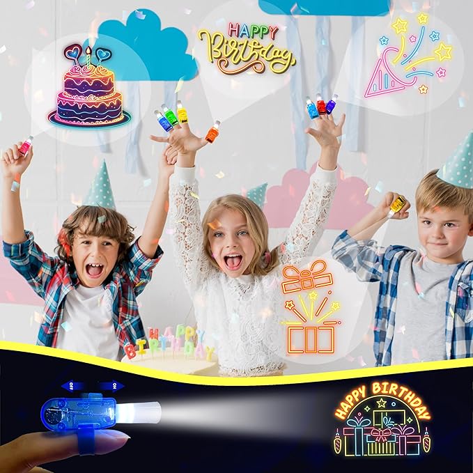 24PCS Neon Happy Birthday Party Favors LED Finger Lights：Glow-in-the-Dark Light-Up Toys Bulk for Kids 4-8-12,Goodie Bags for Kids Birthday Party Decorations Supplies, Classroom Prizes, Fun Gifts