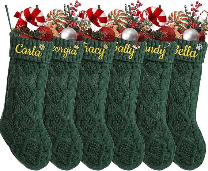 Personalized Christmas Stockings,Custom Embroidered Name+Logo Xmas Knitted Stockings 18'',Holiday and Family Stocking for Fireplace Christmas Holiday Party Decoration 1-6Pack（Green）