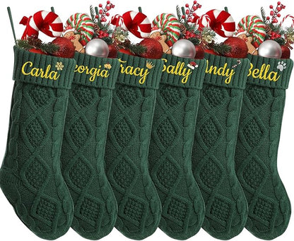 Personalized Christmas Stockings,Custom Embroidered Name+Logo Xmas Knitted Stockings 18'',Holiday and Family Stocking for Fireplace Christmas Holiday Party Decoration 1-6Pack（Green）