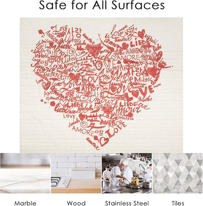 Swedish Dishcloths 2 Pack Red Langusges of Love Heart Print Reusable Sponges Kitchen Cleaning Cloth Dish Scrubber, Machine Washable, Measures 7.87”x6.88 inches.