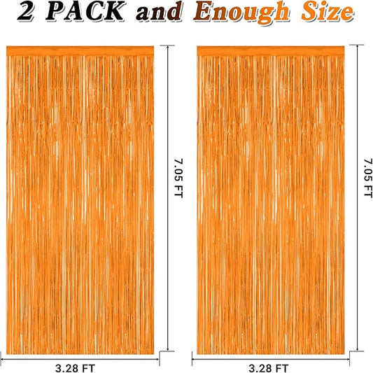 2 Pack Backdrop Curtains, 3.28 FT x 7.05 FT Orange Color Tinsel Backdrop, Metallic Party Streamer Fringe Curtains, Foil Curtains Halloween Decor Birthday Party Supplies