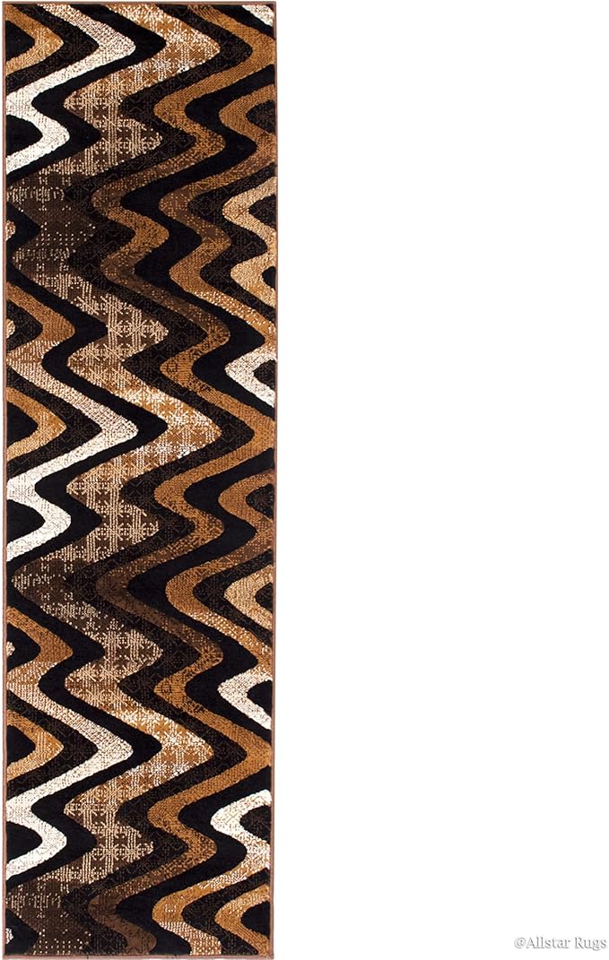 Allstar 2x7 Chocolate and Mocha Modern and Contemporary Runner with Ivory and Espresso Wavy Zigzag Design (1' 11" x 6' 11")