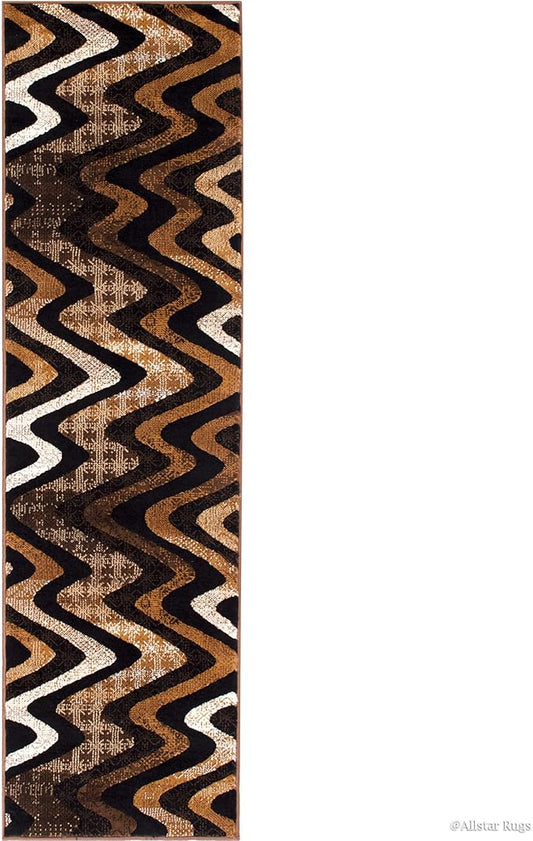 Allstar 2x7 Chocolate and Mocha Modern and Contemporary Runner with Ivory and Espresso Wavy Zigzag Design (1' 11" x 6' 11")