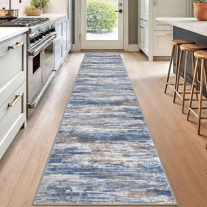 KOZYFLY Modern Abstract Kitchen Runner Rug, 2x12 Washable Rug Runner Non-Slip Soft Striped Hallway Runner Rugs, Blue Rust Print Carpet Runner for Entryway Bathroom Laundry Room Foyer