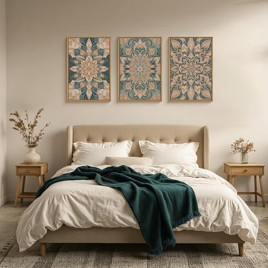 HLNIUC Mandala Flower Wall Art Set of 3, Green Scandinavian Botanical Framed Wall Decor(16x24),Norwegian Folk Art Canvas, Bohemian Mexican Vintage Plant Print for Living Room, Bedroom, Office