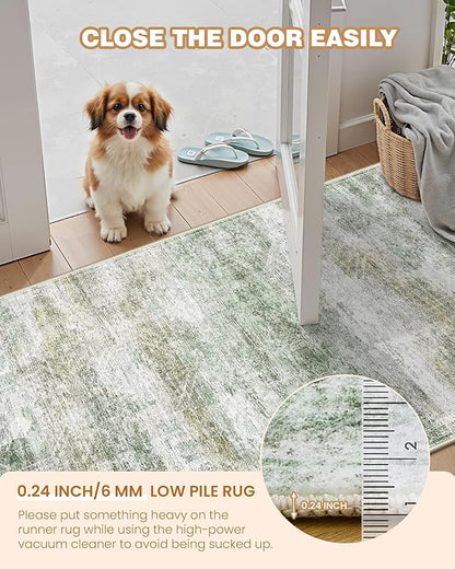 Long Hallway Runner Rug- Carpet Runners for Hallway 12ft, Anti Slip Backing Washable Rug Runner for Entrance, Living Room, Soft Low Pile Mordern Rug Runner(2'x12', Green/Yellow/Ivory)